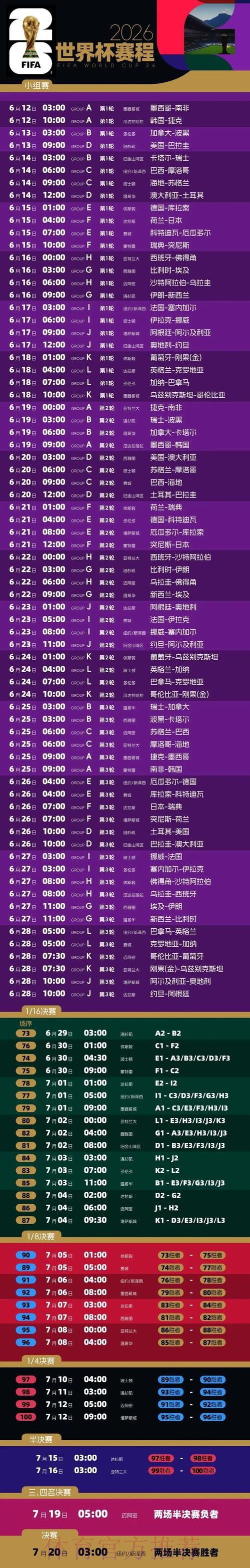2026世界杯比赛时间详细安排高清直播免费观看